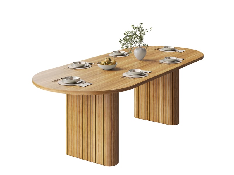  Table de salle à manger extensible 120-160x80x75,5 cm, plateau ovale effet bois à relief vertical, supporte 60 kg, mdf et métal, marron Sol Morn - Conforama A