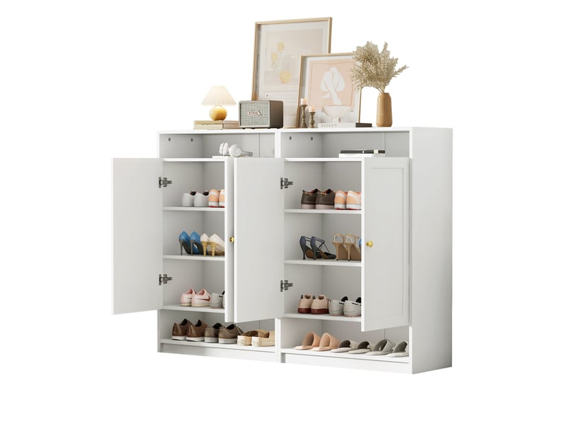  Meuble à chaussures 146x34x109 cm, 2 portes, étagères réglables, panneau de particules et métal, blanc  - Conforama A