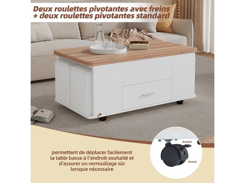  Table basse relevable - table de salon multifonctionnelle 4 en 1 - avec con 4 tabourets e rangement caché - blanc et bois  - Conforama D