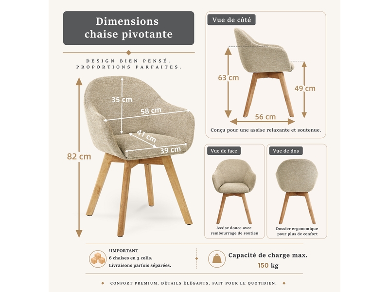  Lot de 6 chaises de salle à manger pivotantes à 360° – tissu effet lin respirant, pieds en bois massif - gris beige  - Conforama C
