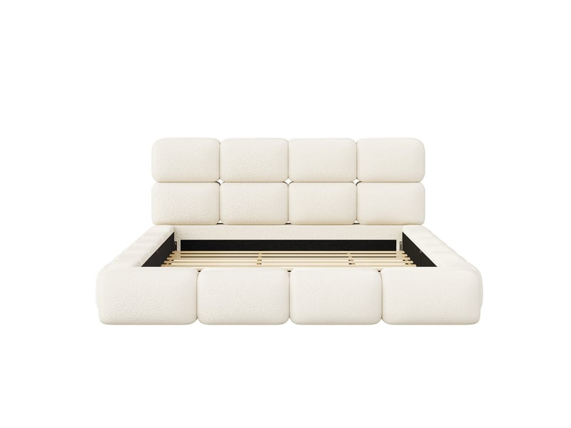  Lit rembourré, structure anti-glissement, structure stable, tête de lit confortable, design nuage modulaire, bouclé, blanc Morn Vibe - Conforama D
