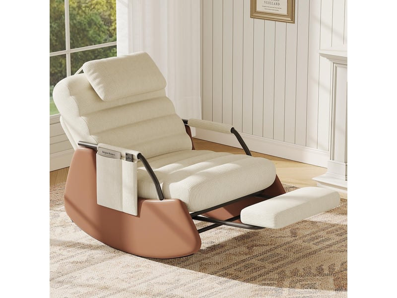  Fauteuil à bascule inclinable avec repose-pieds intégré - dossier 3 positions, velours côtelé, poche latérale - beige  - Conforama C