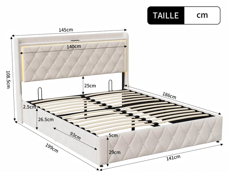  Lit coffre 140x190 cm - led et usb - lit 2 places avec tête de lit rangement - velours - sommier inclus  - Conforama C