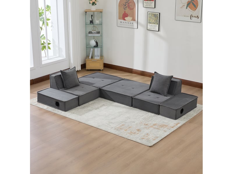  Canapé-lit 2 places modulable gris foncé en velours côtelé avec 2 coussins  - Conforama C