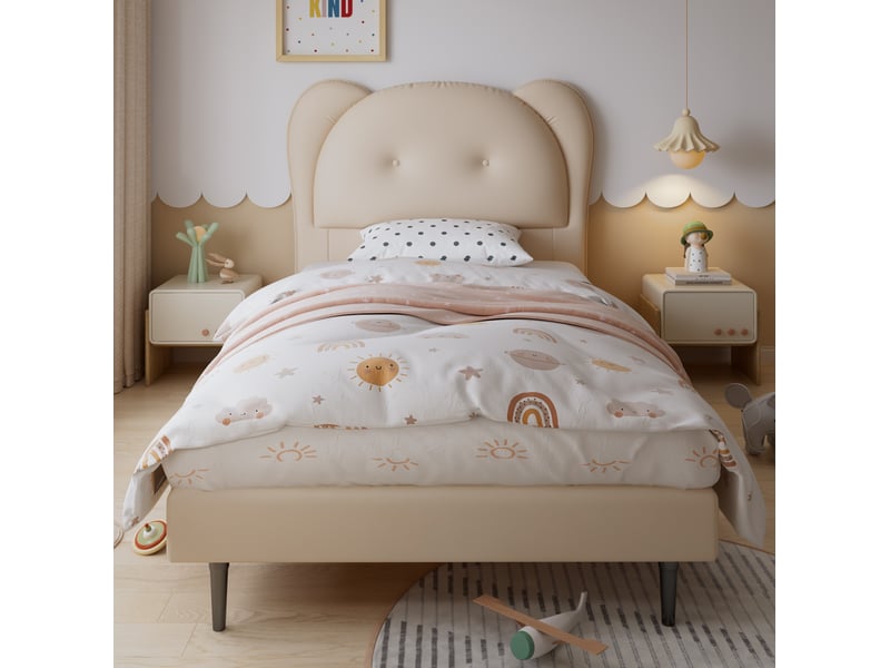  Modenvie lit enfant 90x200 cm - tête de lit en forme d'animal, revêtement pu - pour chambre d'enfant - beige  - Conforama D