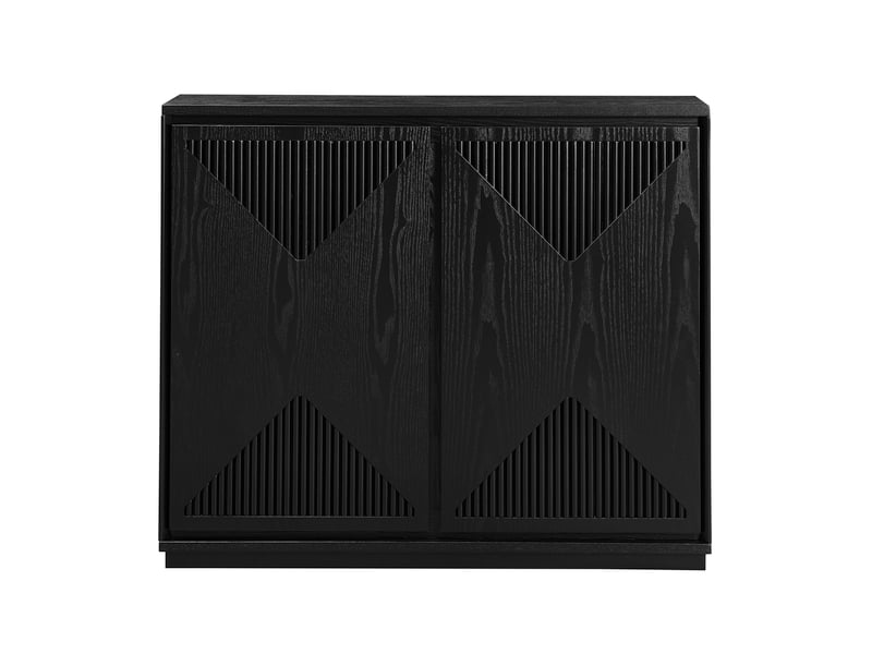  Buffet étroit 99x23,5 cm avec portes à motif chevron, rangement et pieds en bois massif, mdf, style mid-century, noir  - Conforama A