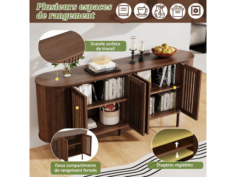  Buffet couleur noyer 160 x 40 x 70 cm, 4 portes coulissantes perforées, étagères réglables  - Conforama D