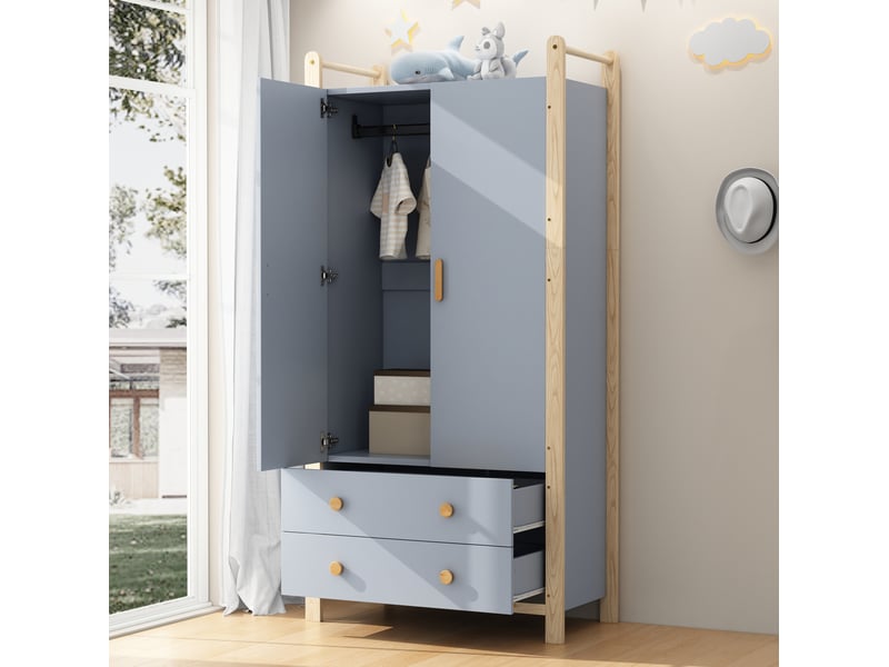 Armoire 2 portes avec penderie et 2 tiroirs pour chambre, en panneaux de particules et pin, bleu naturel, 89,6 × 44 × 180,5 cm - Conforama B