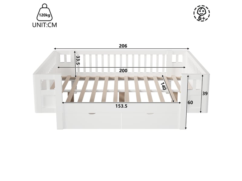 Lit plateforme 140x200 cm, barrières hautes, 2 tiroirs, charge 120 kg, mdf et bois, blanc, sans matelas - Conforama C