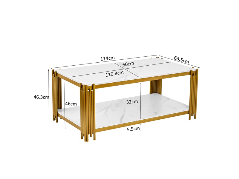  Table basse rectangulaire 114x63,5x46,3 cm à 2 niveaux effet marbre blanc et doré  - Conforama C