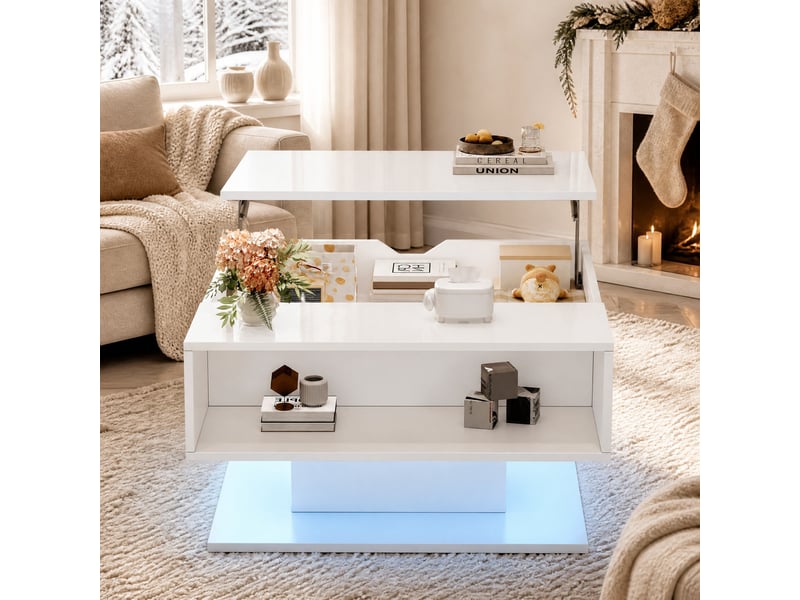  Table basse relevable avec rangement caché et niche semi-ouverte, led, pour salon, blanc, 80 × 75 × 40 cm  - Conforama B
