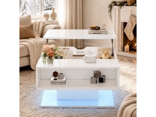 Table basse relevable avec rangement caché et niche semi-ouverte, led, pour salon, blanc, 80 × 75 × 40 cm