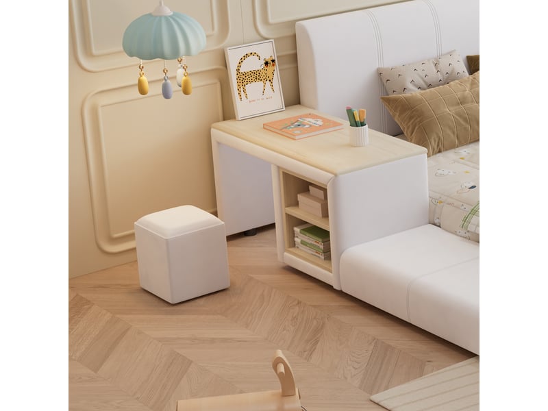  Lit combiné 140 x 200 cm en velours blanc avec bureau et tabouret Fay Lum - Conforama E