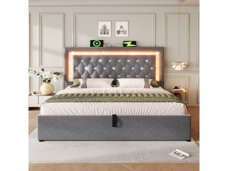 Lit coffre hydraulique 160x200 cm rembourré en velours gris avec led diamant, usb-c, tête de lit capitonnée et sommier à lattes Morn Vibe - Conforama C