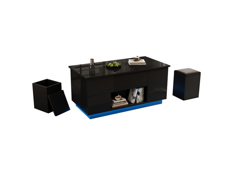  Table basse relevable avec 2 tiroirs, led et 2 tabourets de rangement, pour salon, 100 x 50 x 45 cm, noir  - Conforama A