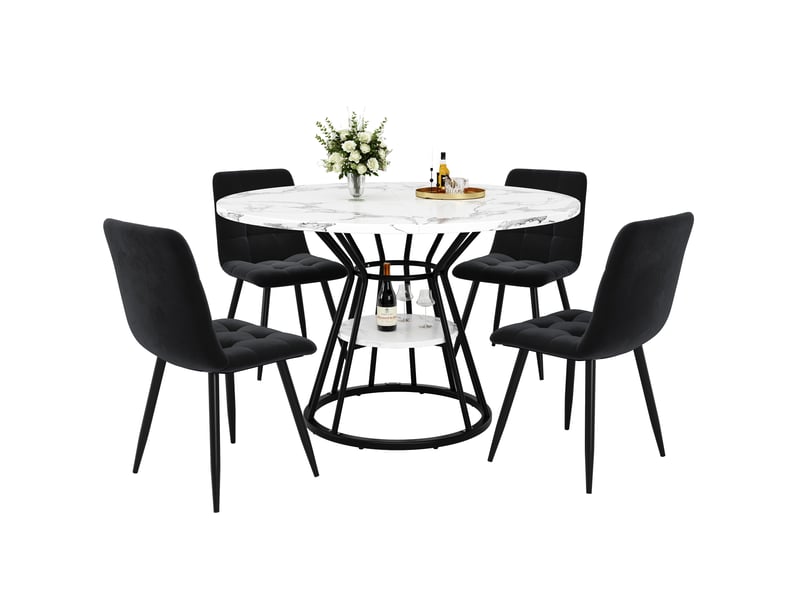  Ensemble table ronde et 4 chaises grises, diamètre 107 cm, double étagère ouverte, style industriel pour salle à manger compacte  - Conforama D
