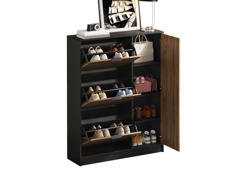  Meuble à chaussures 100x30x130 cm en mdf avec 3 compartiments rabattables et 1 porte naturel et noir chicfurn  - Conforama A