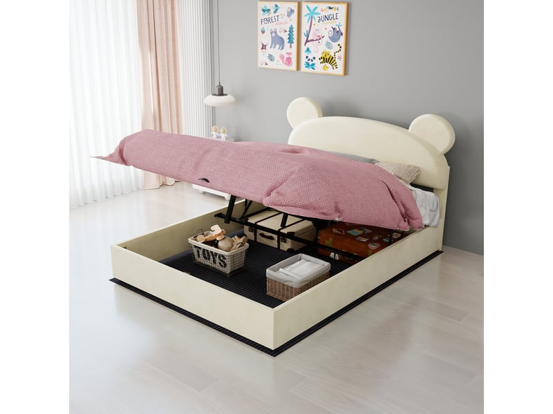  Lit coffre 140x200 cm en tissu beige avec matelas et rangement  - Conforama E
