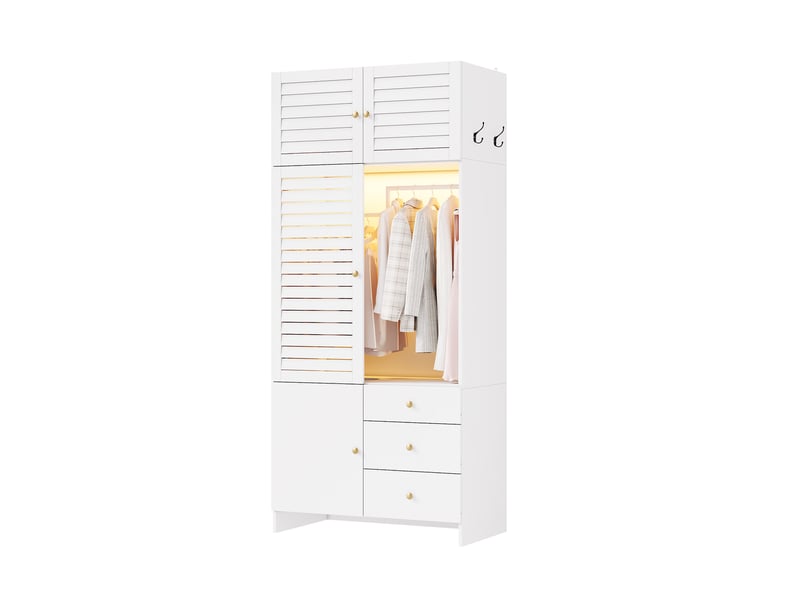  Armoire chambre 90x50x200 cm, avec panier à linge intégré et tringle led, avec 3 tiroirs, en panneaux de particules style persienne, blanc  - Conforama D