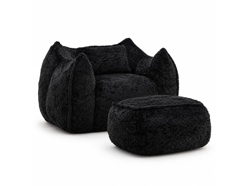  Fauteuil poire modenvie en fausse fourrure avec repose-pieds, coussin et mousse déchiquetée haute densité, noir, 123 x 157 x 73 cm  - Conforama A