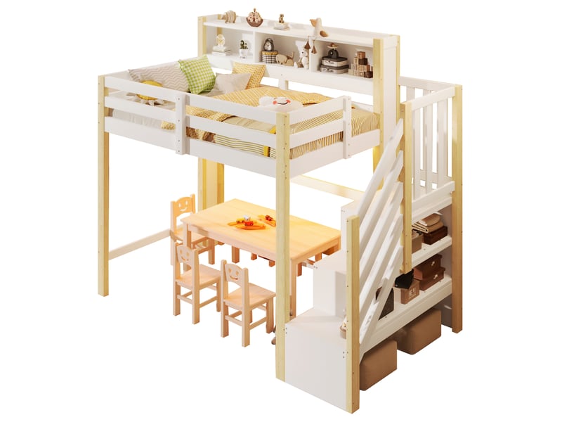  Lit mezzanine enfant 90x200 cm, led, escalier de rangement, espace sous le lit, mdf, blanc et naturel, sans matelas  - Conforama A
