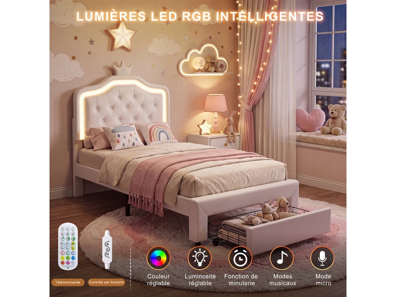 Lit enfant 90 x 200 cm avec tiroirs - cadre de lit avec tête de lit réglable - led - lit simple filles avec sommier - en cuir pu - Conforama B