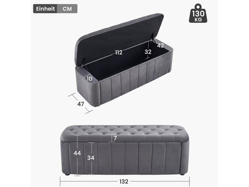  Banc coffre 132x47,5x44 cm, rangement et assise confortable, meuble chambre et salon, confortable, velours, gris foncé  - Conforama C