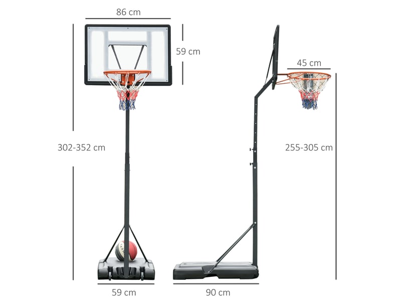  Panier de basket extérieur avec poteau panneau, base de lestage sur roulettes hauteur réglable 2,55 - 3,05 m (panier) usage intérieur extérieur noir blanc  - Conforama E