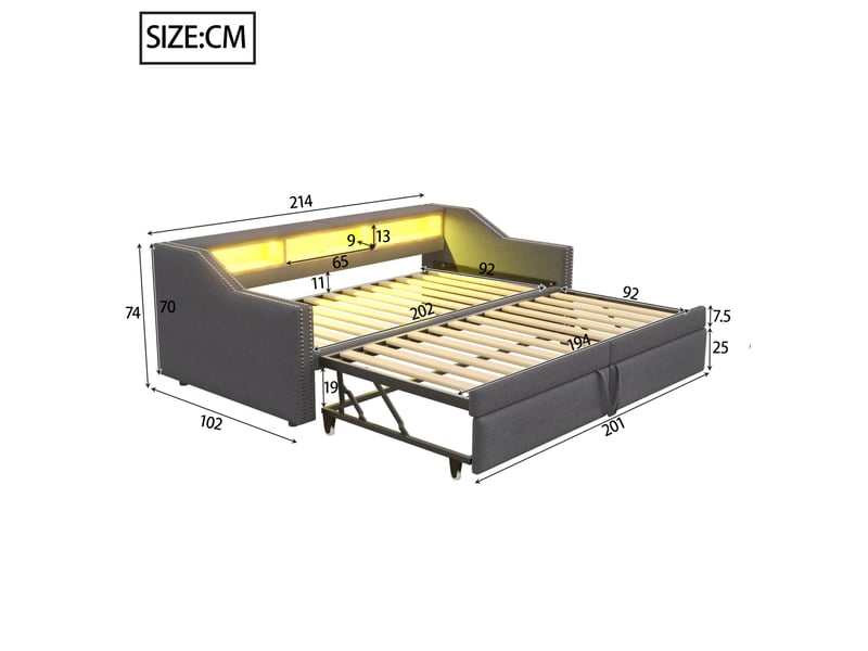  Lit rembourré tcqpz 90180 x 200 cm avec rangement led usb gris foncé et deux matelas à ressorts  - Conforama C