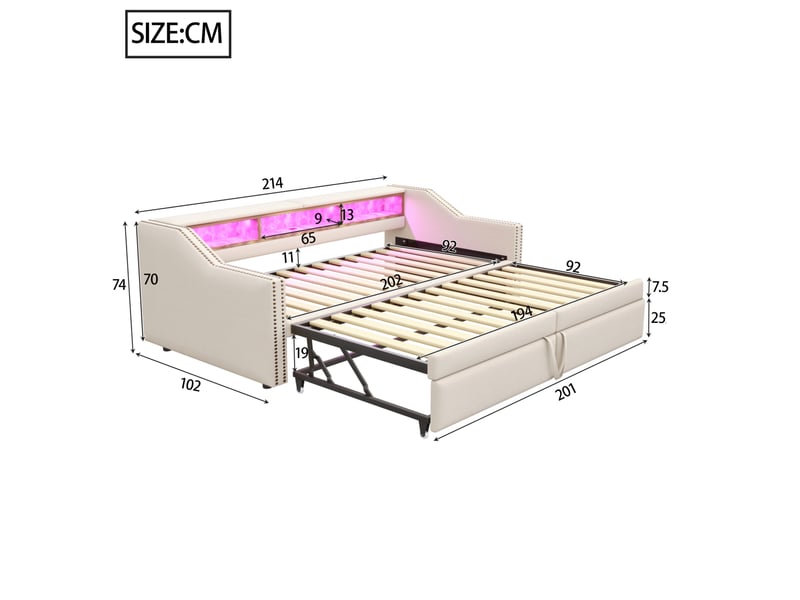  Modenvie banquette lit gigogne 90180x200 cm - rangement lateral, led et port usb, matelas inclus - beige  - Conforama C