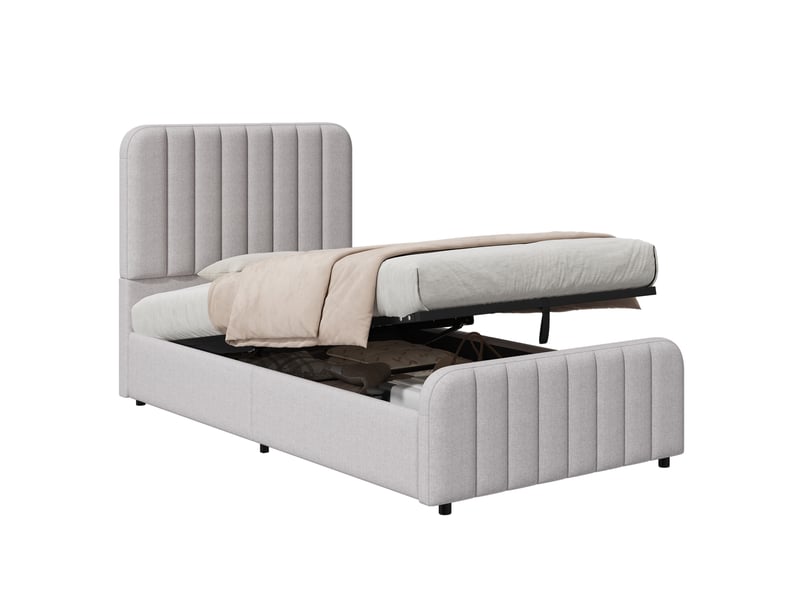  Lit coffre enfant 90x200 cm en lin gris avec sommier à lattes  - Conforama A