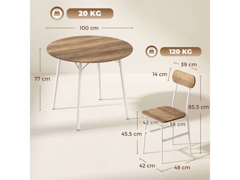  Ensemble table salle à manger avec 4 chaises, table de cuisine avec chaises pour 4 personnes, cadre en métal, naturel  - Conforama E