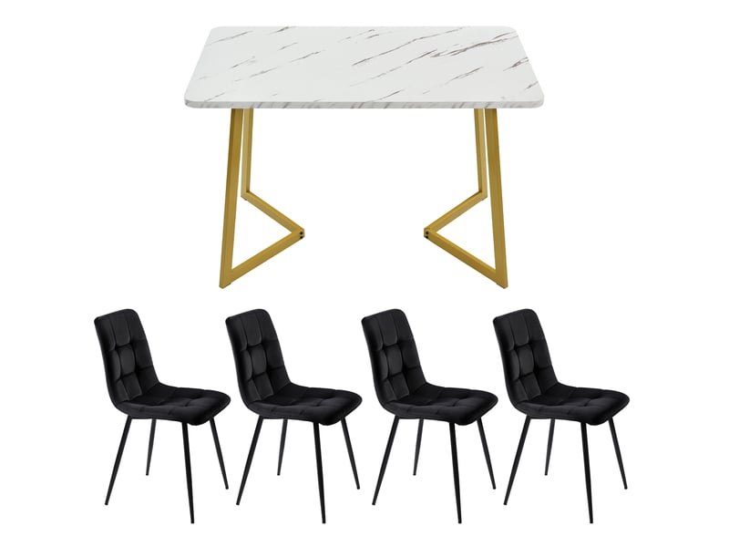  Ensemble table à manger avec 4 chaises, table à manger rectangulaire de 117 cm, effet marbre, velours noir et pieds dorés  - Conforama E