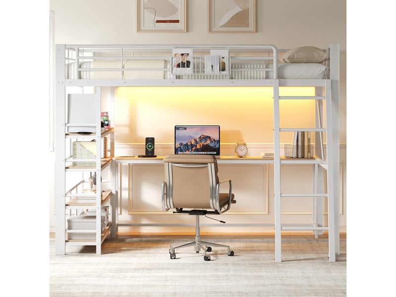 Lit mezzanine 140x200cm, bureau intégré, panier et compartiments de rangement, station usb, éclairage led, structure en métal, blanc evarich - Conforama E