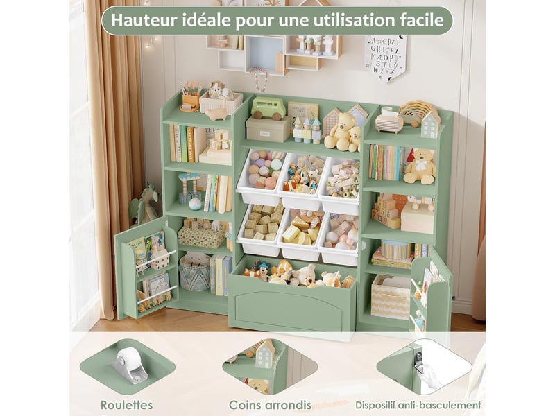  Meuble rangement enfant bibliothèque enfant avec 15 étagères 6 boîtes amovibles 1 tiroirs roulants 2 portes rangement jouet 140x33x108.2cm vert  - Conforama D