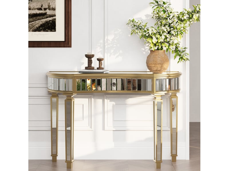  Console demi-lune 120 x 38 x 78 cm – doré et argenté – miroir, tiroir et poignée effet cristal chic  - Conforama B