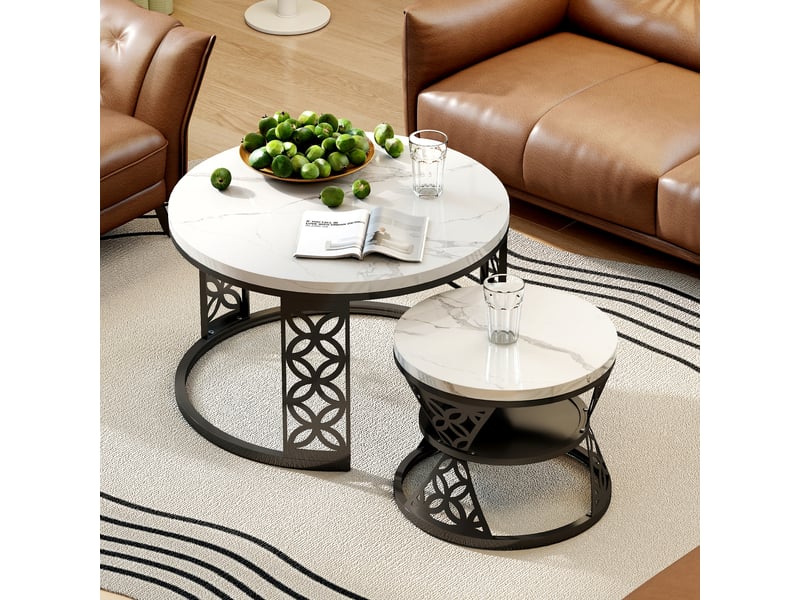  Table basse gigogne ronde 2 pièces effet marbre blanc structure métal noir cravdom  - Conforama C