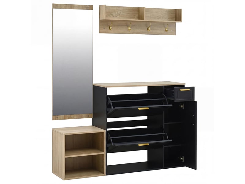  Vestiaire d'entrée 4 pièces avec meuble chaussures banc et miroir noir et naturel N657P37471213S - Conforama B