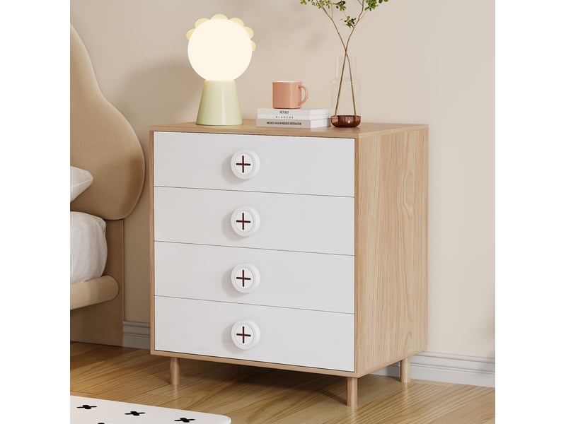  Table de chevet 4 tiroirs 80 x 54 x 90 cm, design moderne, meuble de rangement pour chambre en panneaux mdf naturel et blanc  - Conforama D