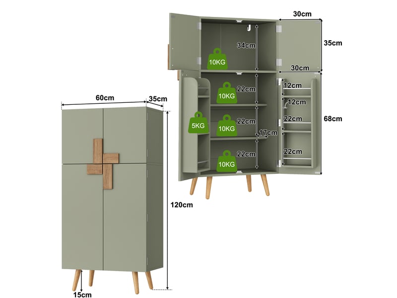  Buffet de cuisine 4 portes vert en mdf avec étagères réglables, rangement pratique pour votre intérieur  - Conforama C