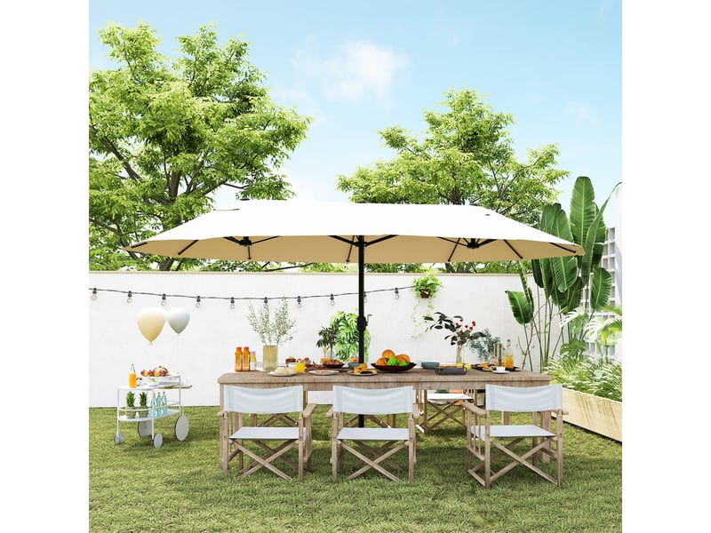 Grand parasol déporté avec manivelle, résistant aux intempéries, acier et polyester, beige, dimensions 455 cm x 270 cm x 240 cm - Conforama D