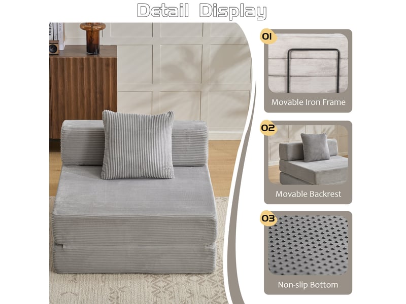  Canapé-lit convertible modenvie 1 place pliable au sol en velours côtelé gris clair 92,5 x 92,5 x 60 cm  - Conforama E
