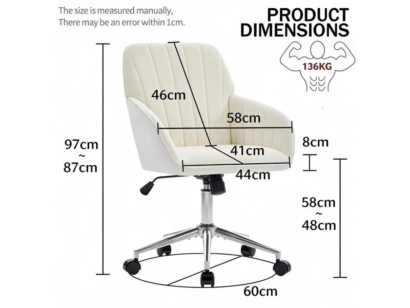  Fauteuil de bureau pivotant blanc en velours, hauteur réglable 50 à 59 cm, pour de longues journées assises  - Conforama C