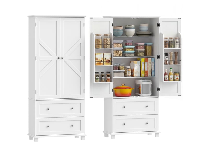 Buffet haut armoire de cuisine garde-manger 2 portes 2 tiroirs 6 racks étagères réglables 80x39,5x184,5cm blanc T1003-01-18954 - Conforama B