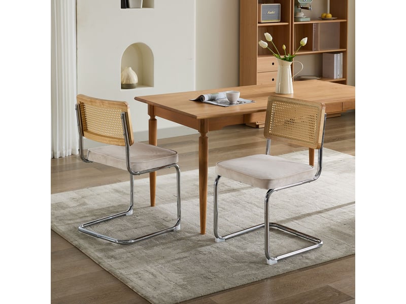 Lot de 2 chaises de salle à manger - 59x47x81cm - chaises porte-à-faux design breuer en rotin et assise velours - beige  - Conforama C