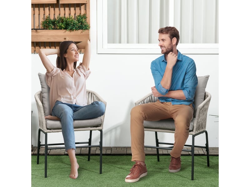  Ensemble de 2 chaises de terrasse, style bohème, coque d'assise confortable, coussins d'assise, housse lavable, structure en métal, beige  - Conforama B