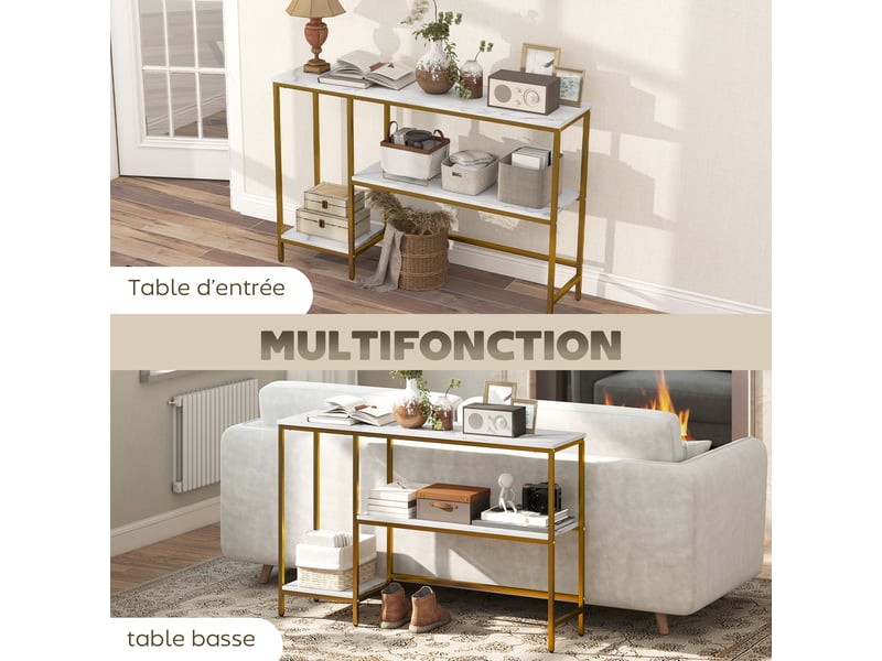  Console meuble 120 cm, table console 3 niveaux avec étagères de rangement, blanc et doré, plateaux imitation marbre  - Conforama W