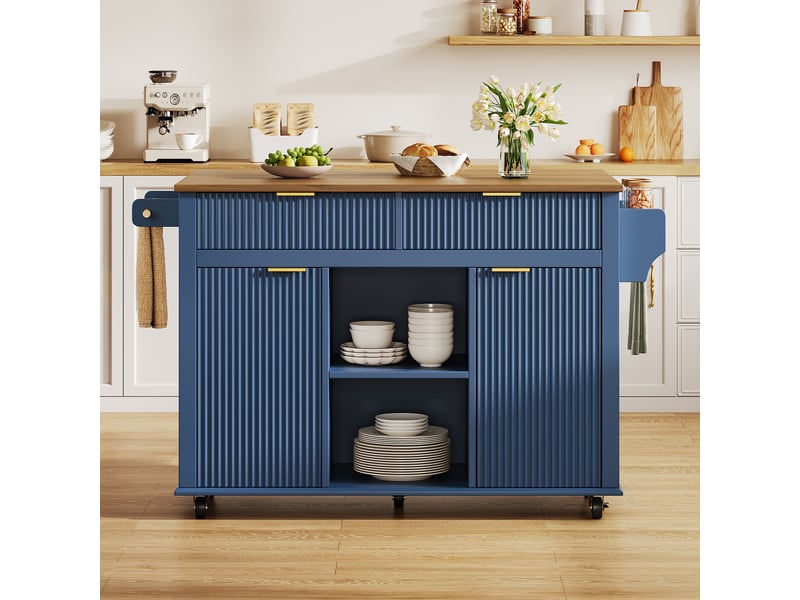 Îlot de cuisine sur roulettes avec plateau pliant extensible, chariot de cuisine avec 2 tiroirs et 2 portes, bleu cloisonné - Conforama B