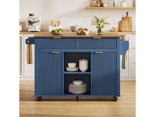 Îlot de cuisine sur roulettes avec plateau pliant extensible, chariot de cuisine avec 2 tiroirs et 2 portes, bleu cloisonné