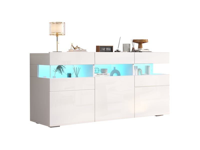  Buffet bas 3 portes blanc brillant avec led et acrylique transparent - 140 x 40,5 x 66,5 cm  - Conforama A